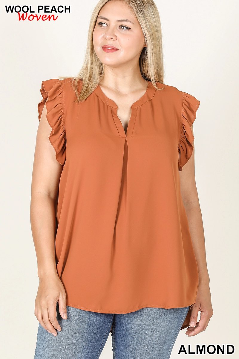 Zenana Plus Woven Ruffle Sleeve High-Low Top