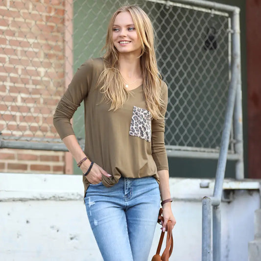 Luxe Rayon Leopard Pocket V-Neck Long Sleeve Top