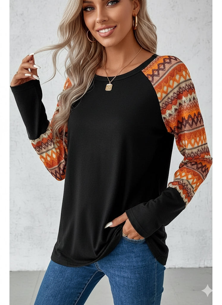 Orange Geo Print Raglan Patchwork Long Sleeve Tee