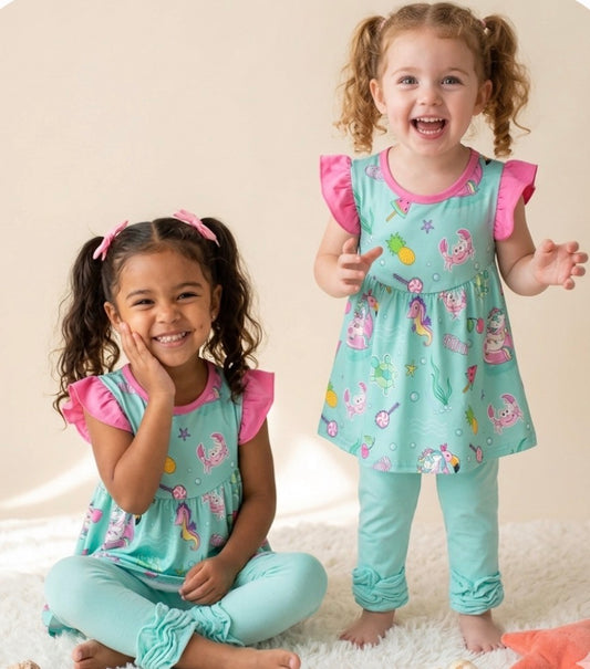 Whimsical Under-the-Sea Unicorn Tunic & Ruffle Leggings Set