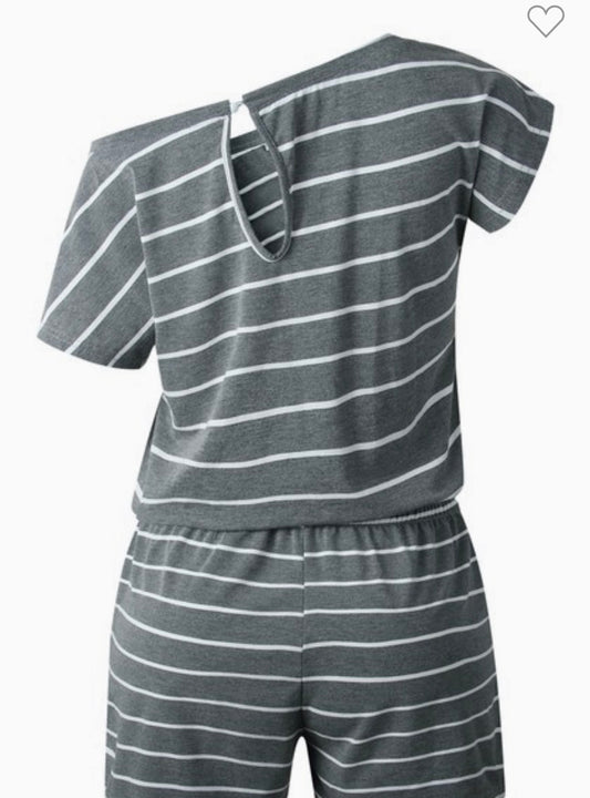 Off-Shoulder Striped Drawstring Romper for Women