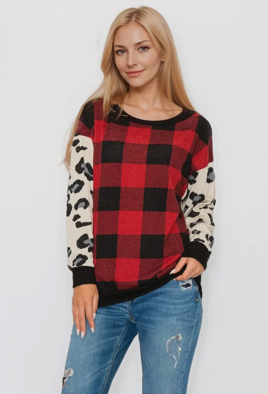 Plaid with Animal Print Long Sleeve Top