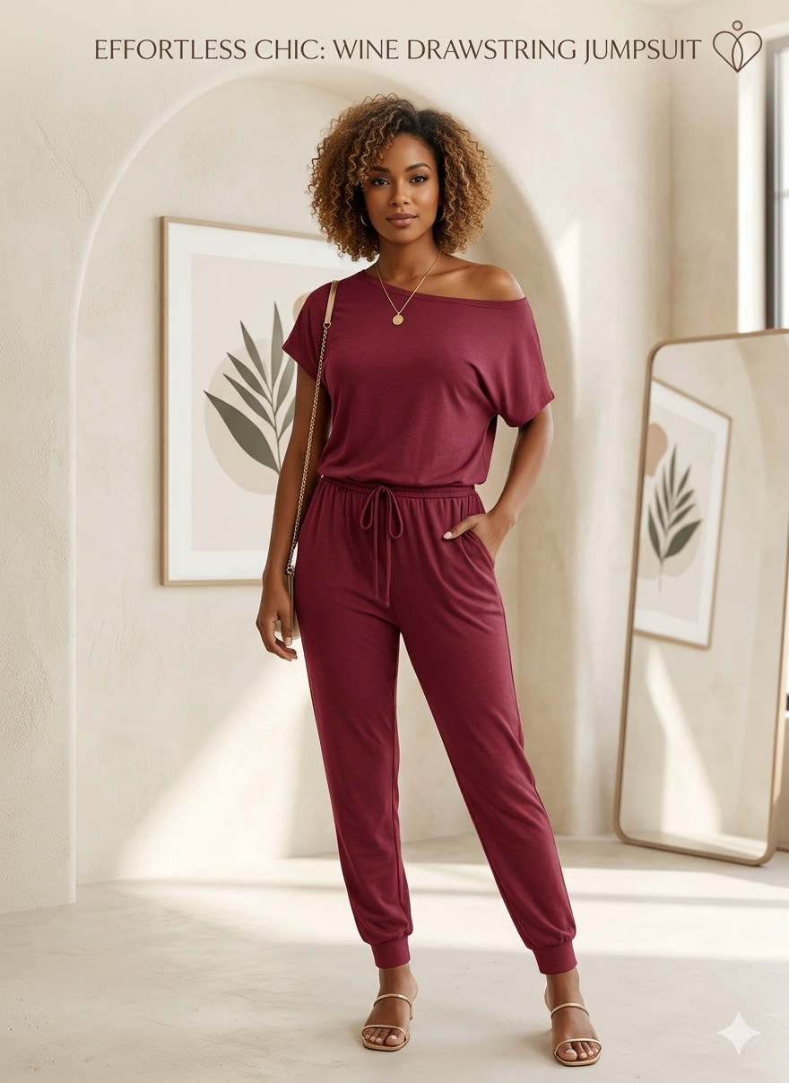 Effortless Elegance Off-The-Shoulder Drawstring Jumpsuit – Wine
