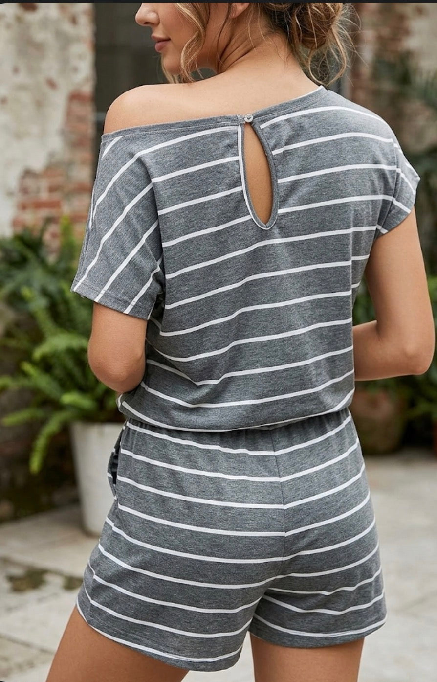 Off-Shoulder Striped Drawstring Romper