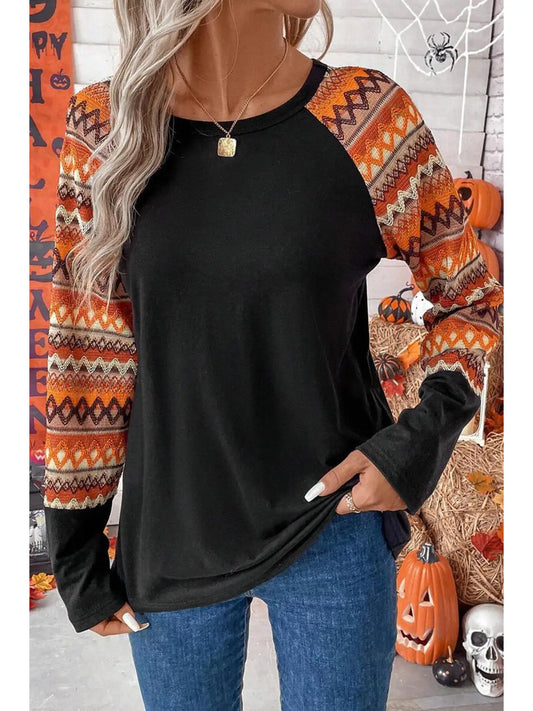 Orange Geo Print Raglan Patchwork Long Sleeve Tee