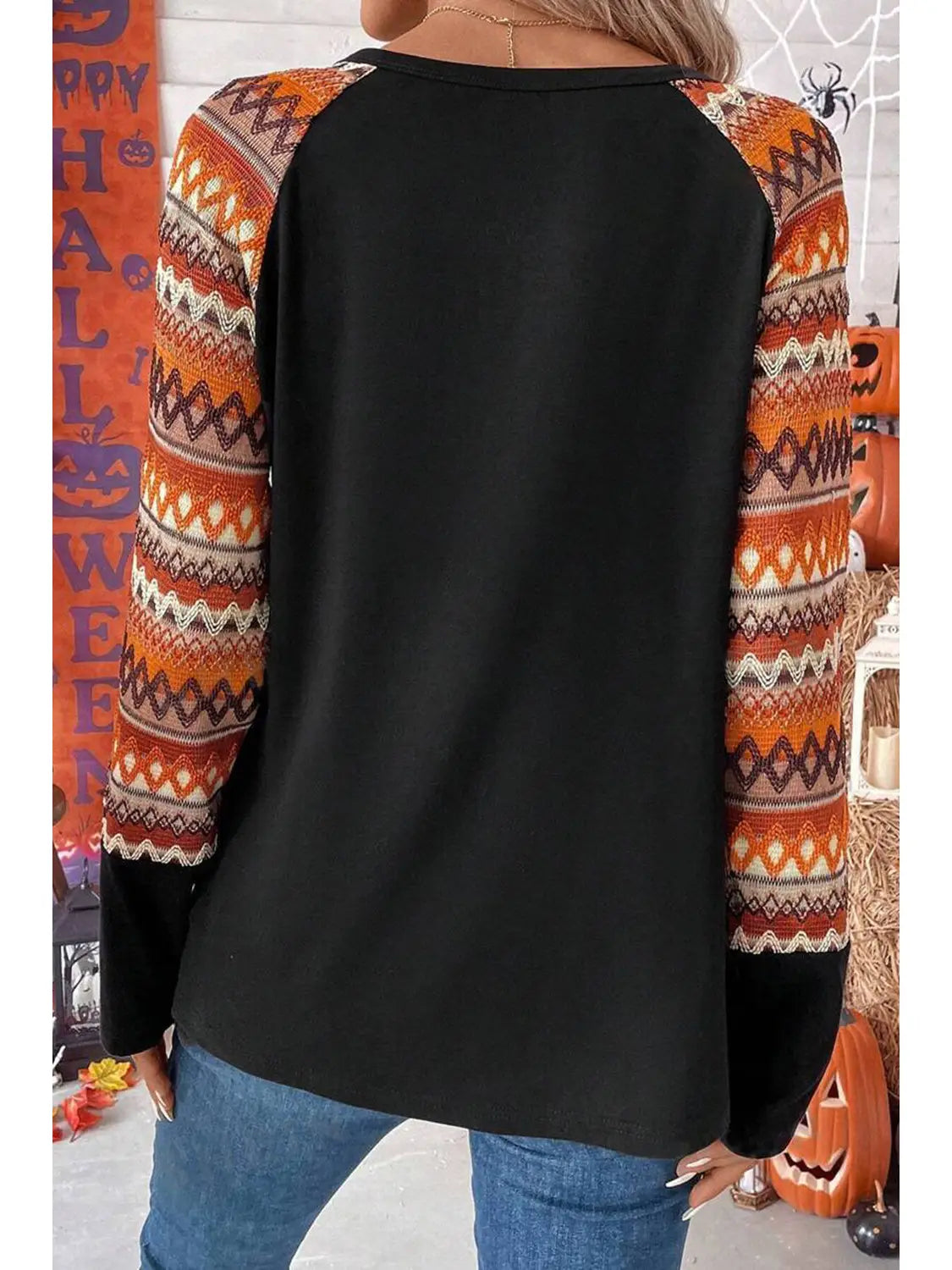 Orange Geo Print Raglan Patchwork Long Sleeve Tee