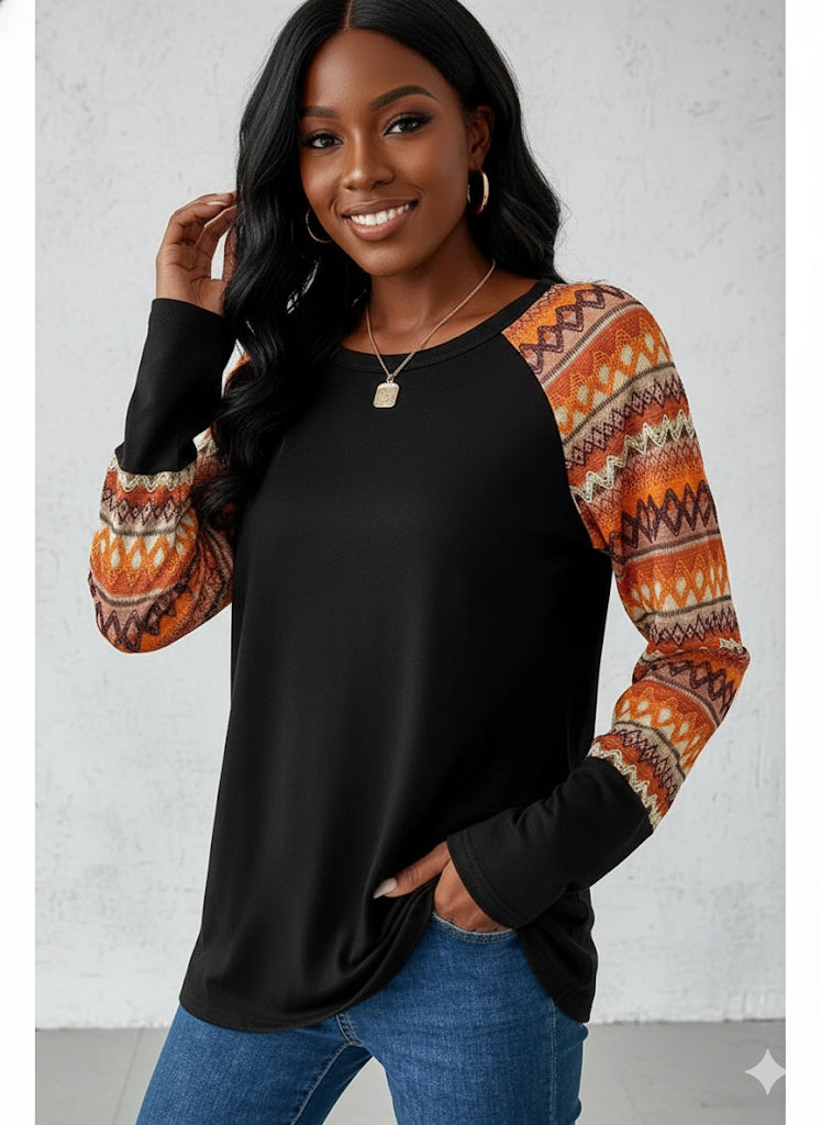 Orange Geo Print Raglan Patchwork Long Sleeve Tee