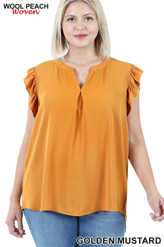Zenana Plus Woven Ruffle Sleeve High-Low Top