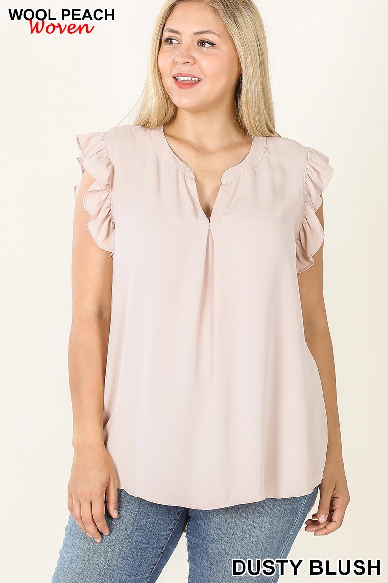 Zenana Plus Woven Ruffle Sleeve High-Low Top