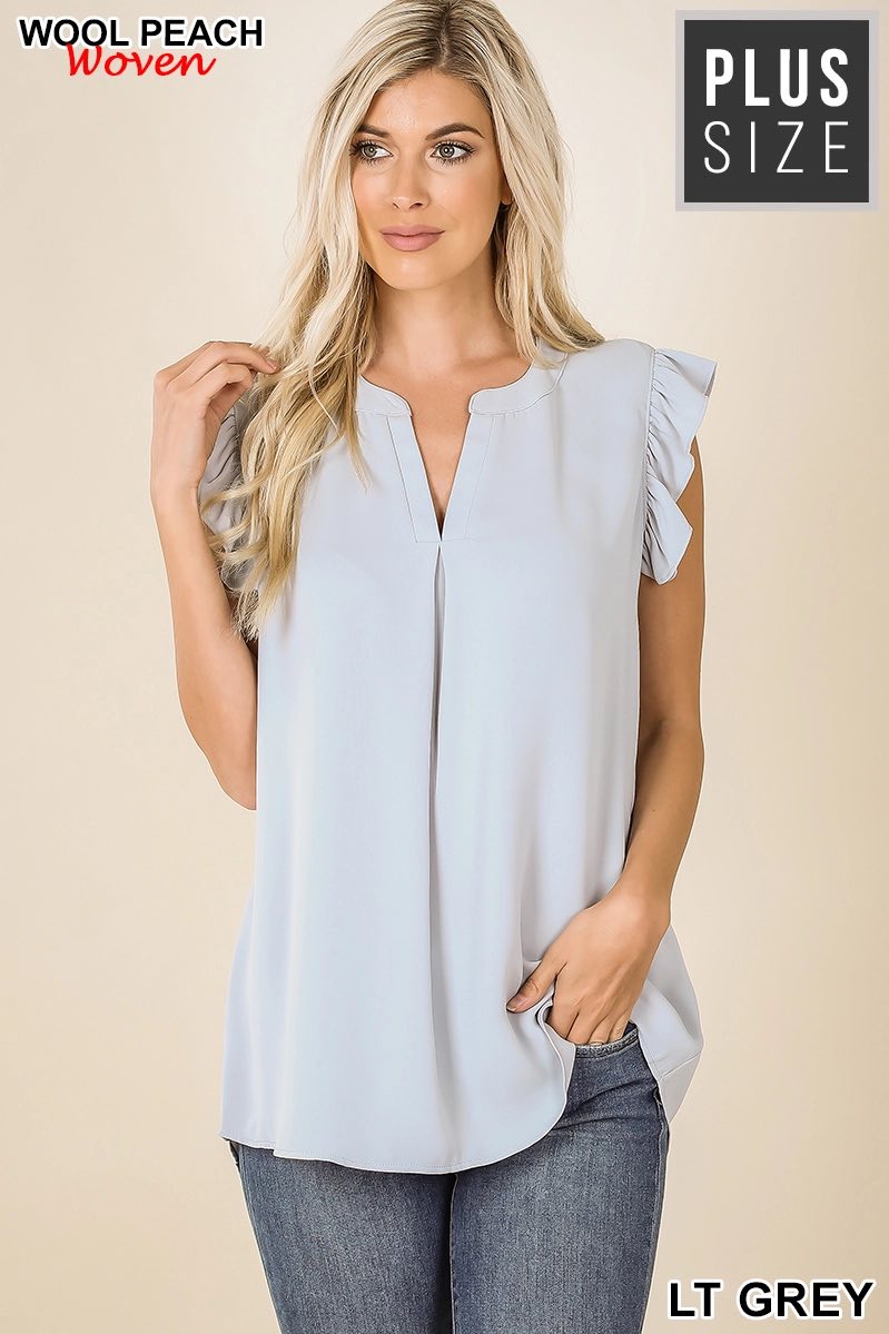 Zenana Plus Woven Ruffle Sleeve High-Low Top