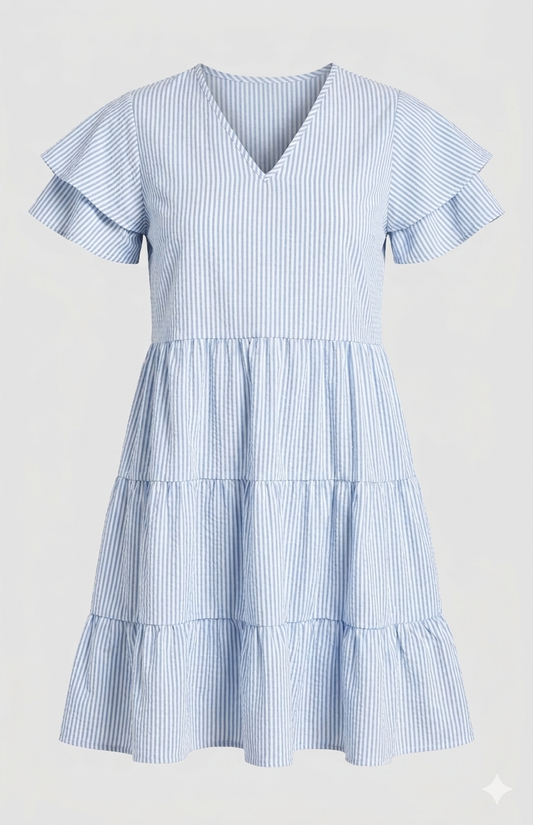 Light Blue Striped Babydoll Ruffle Dress