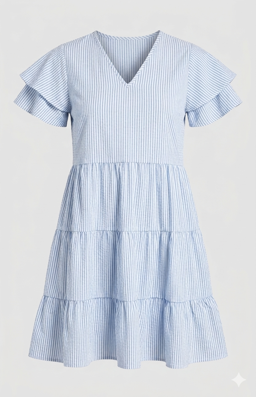 Seas the Day Striped Ruffle Dress – Light Blue