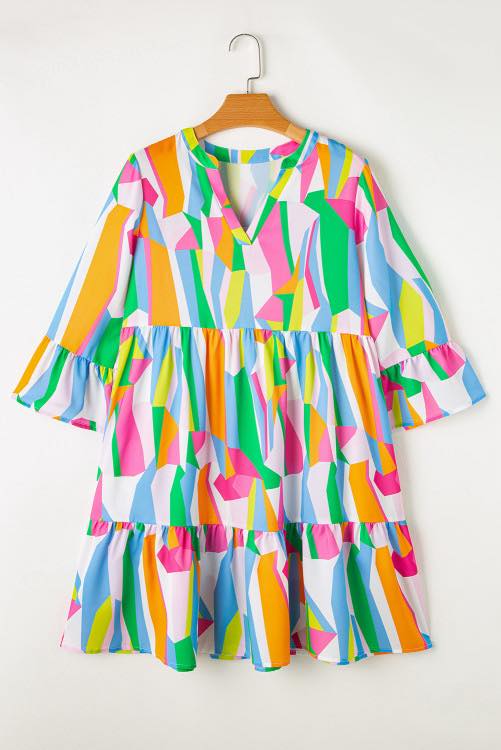 Green Abstract Print Ruffled Sleeve V-Neck Dress
