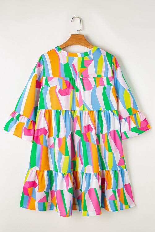Green Abstract Print Ruffled Sleeve V-Neck Dress