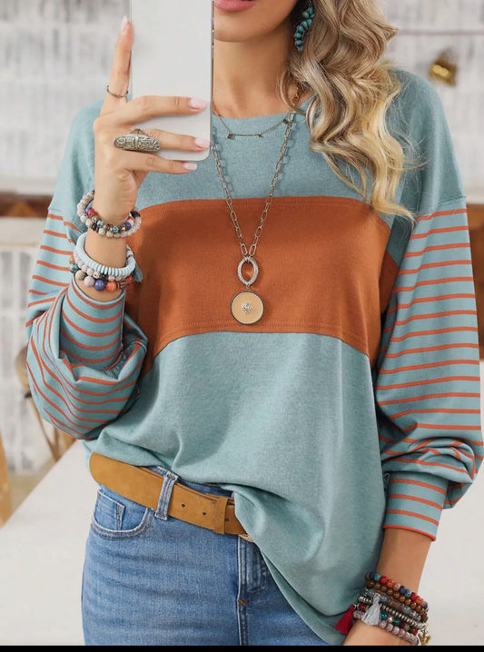 Striped Contrast Long Sleeved T Shirt- Green