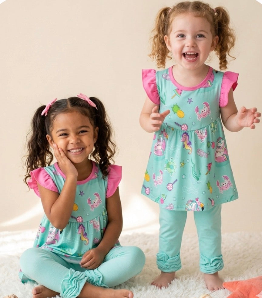Whimsical Under-the-Sea Unicorn Tunic & Ruffle Leggings Set
