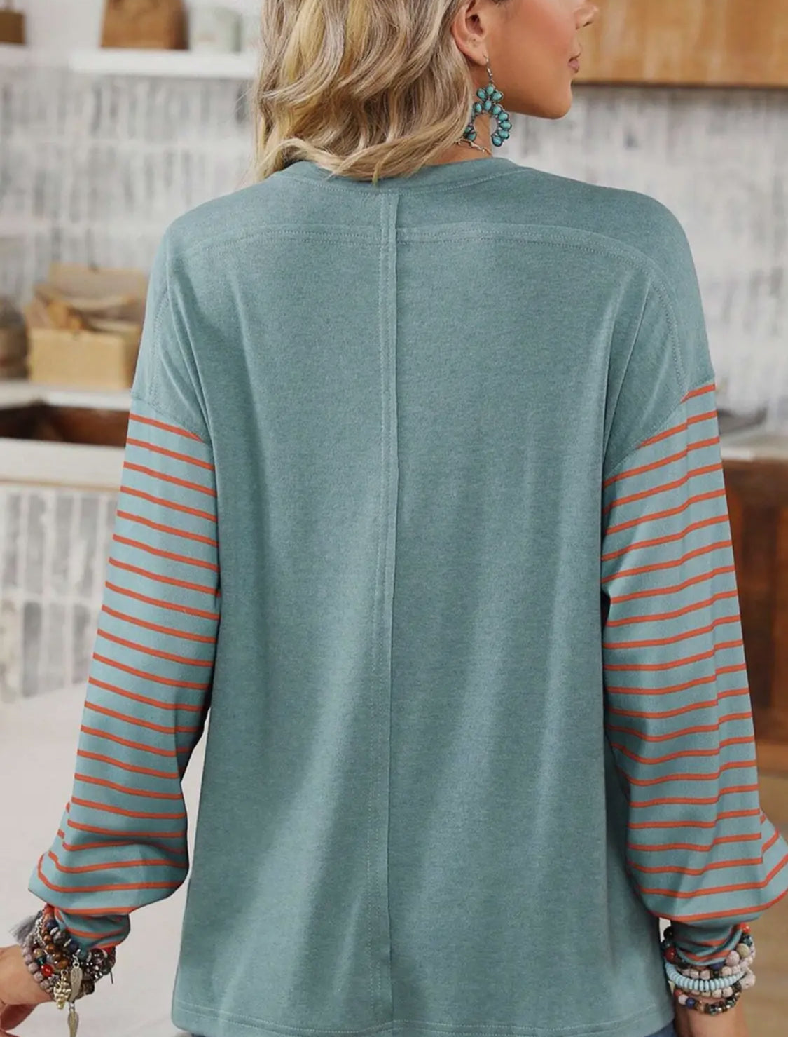 Striped Contrast Long Sleeved T Shirt- Green