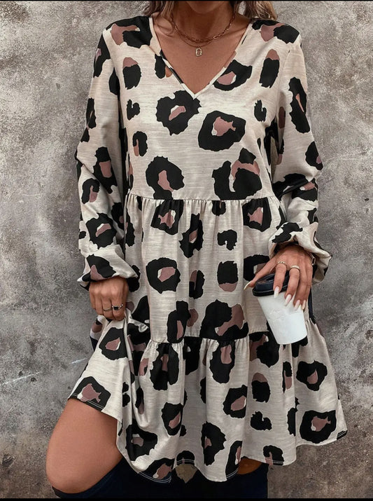 V Neck Leopard Print Loose Dress