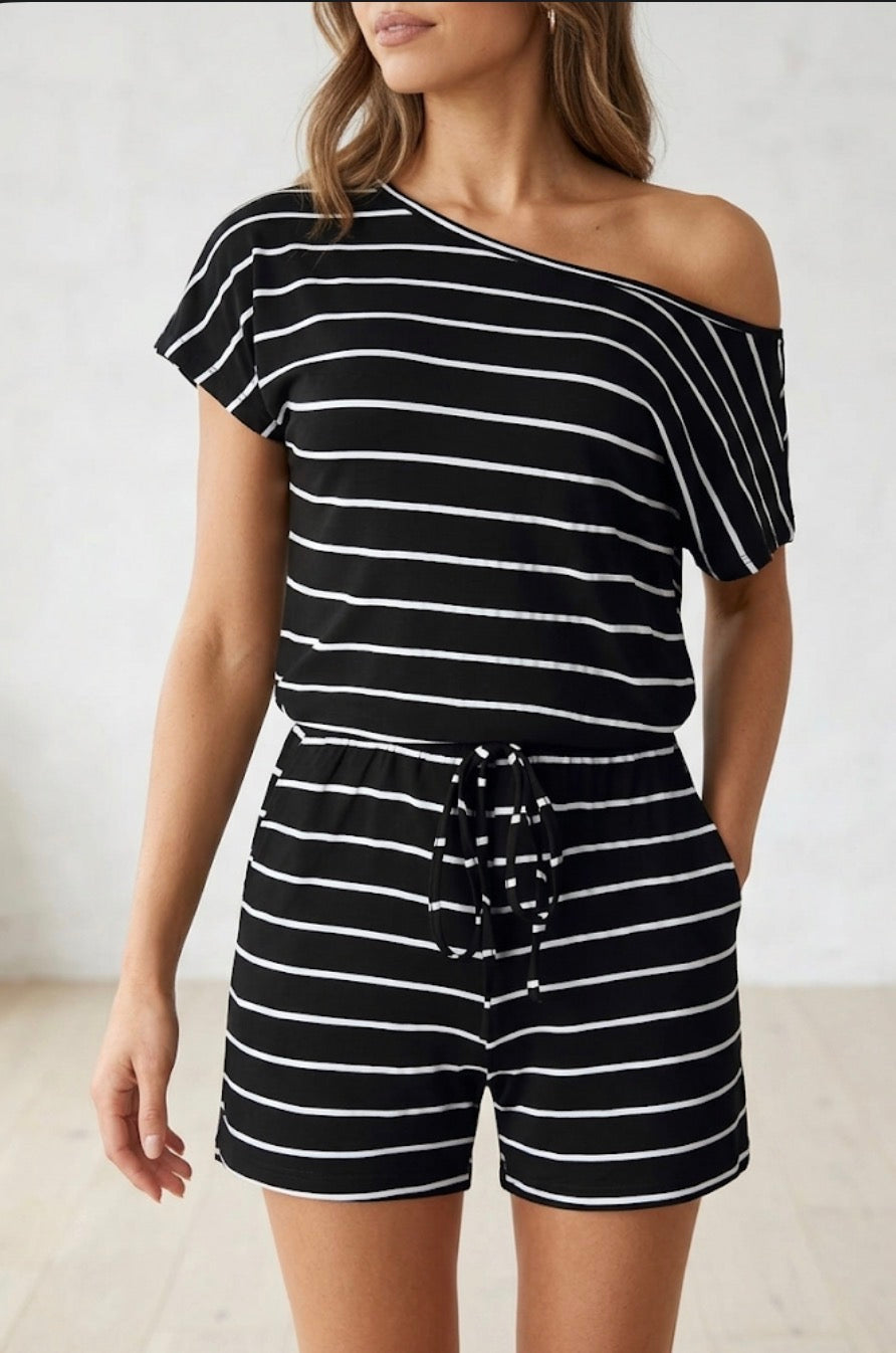 Off-Shoulder Striped Drawstring Romper