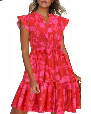 Pink Floral Ruffle-Sleeve Tiered Midi Dress