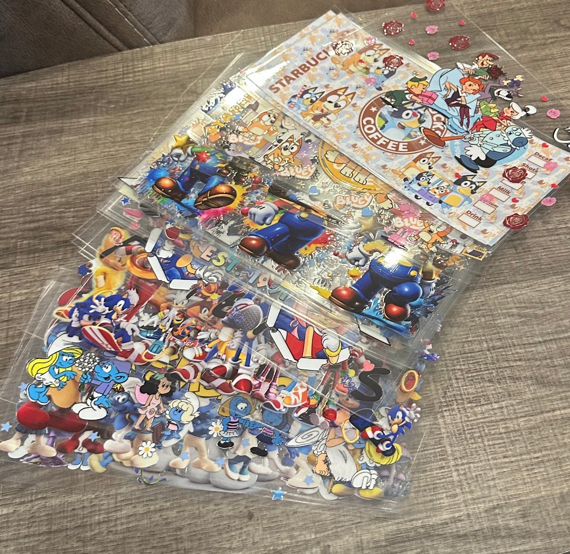 Cartoon UV DTF Cup Wraps Bundle: Sonic, Bluey, Smurfs, Mario (30 Count)