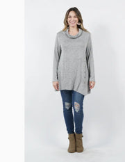 Cowl Neck Side Button Asymmetric Tunic-LT Grey