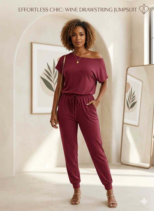 Effortless Elegance Off-The-Shoulder Drawstring Jumpsuit – Wine