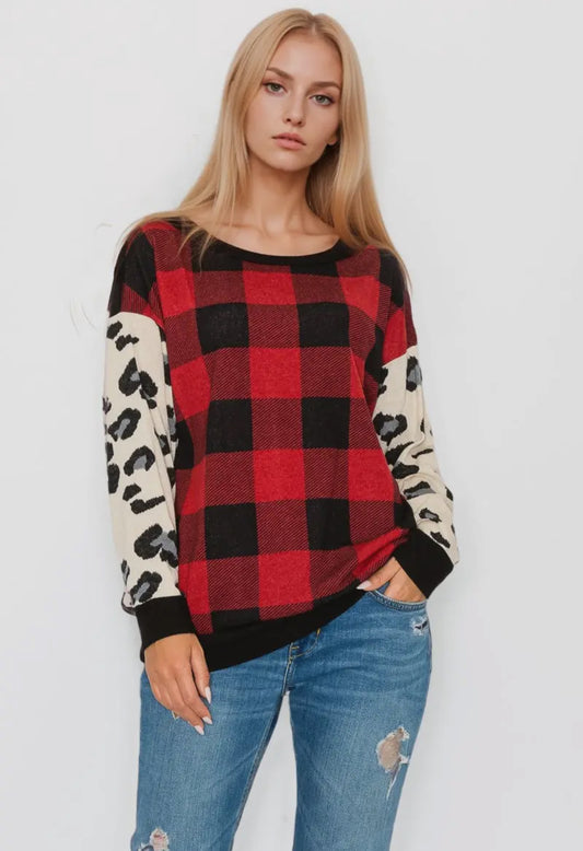 Plaid with Animal Print Long Sleeve Top