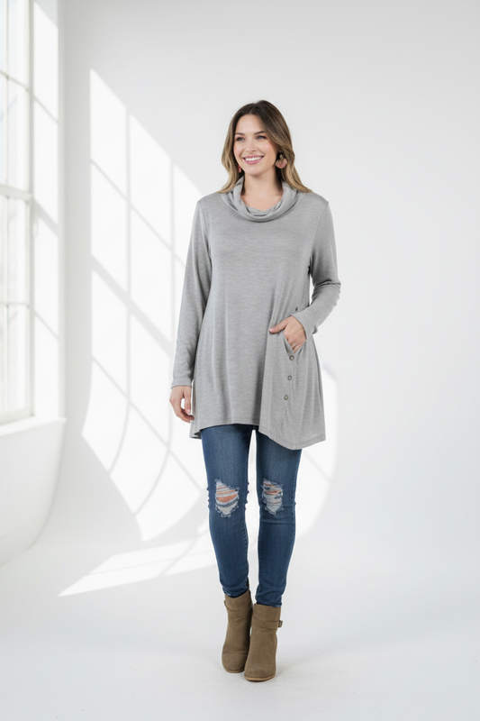 Cowl Neck Side Button Asymmetric Tunic – Light Grey