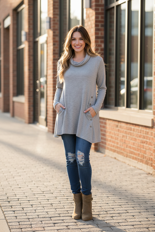 Cowl Neck Side Button Asymmetric Tunic – Light Grey