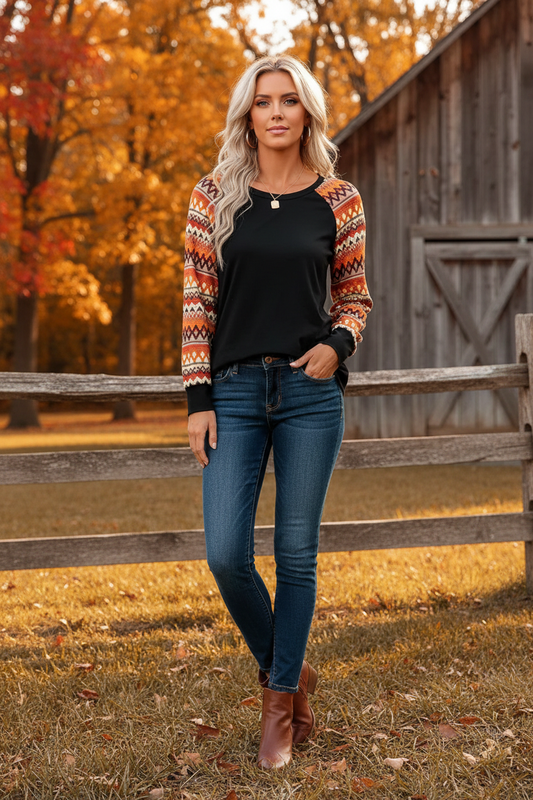 Orange Geo Raglan Tee – Fall Lifestyle
