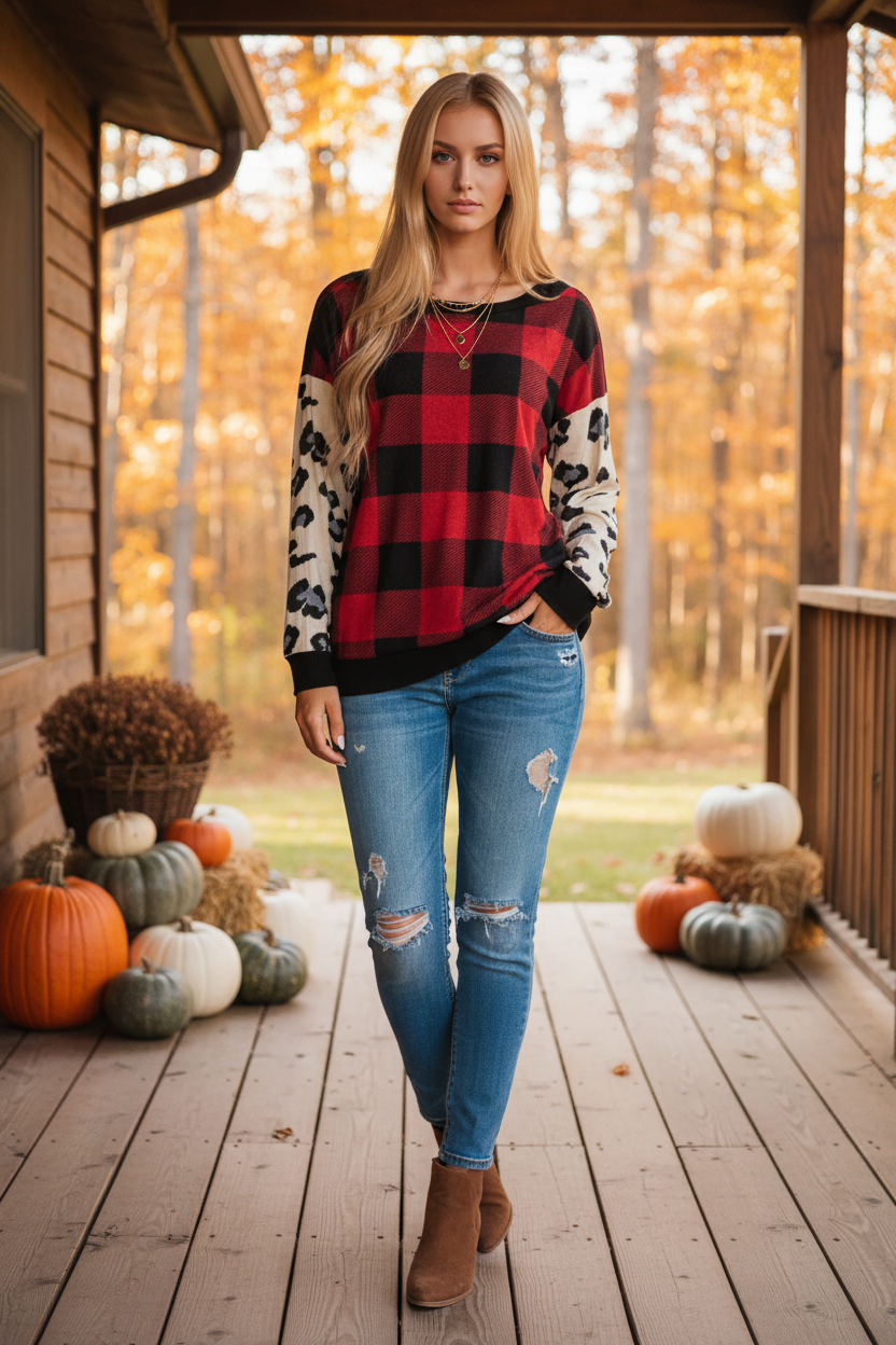 Plaid Animal Print Top – Fall Lifestyle